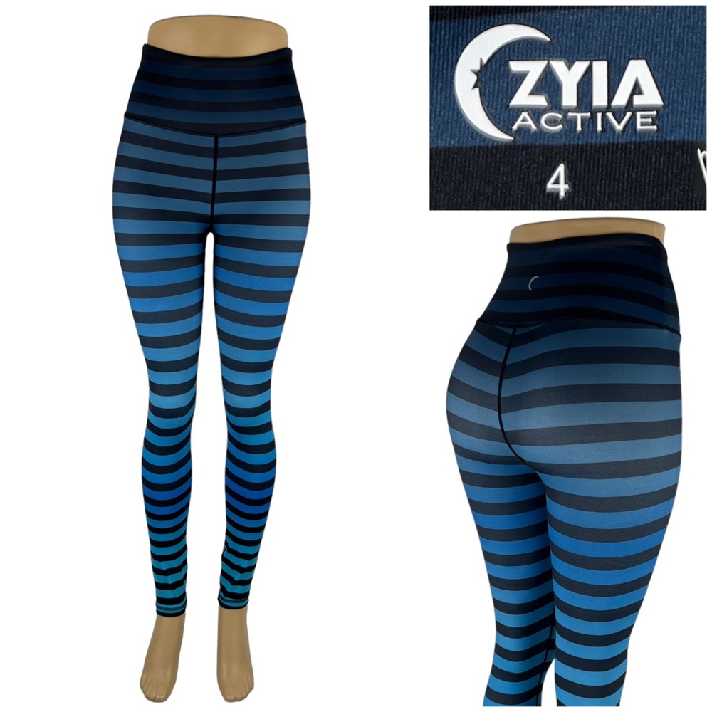ZYIA Active Womens 4 Leggings Light n Tight Blue Ombre Stripe High Rise Gym EUC